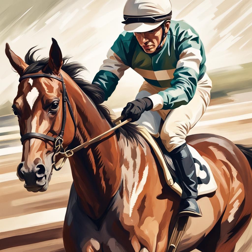 Horse Jockey Crossing Finish Line: Impressionist Style