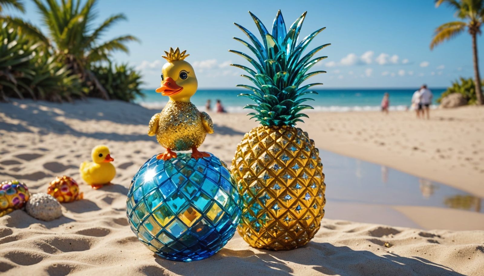 Iridescent Pineapple Glass Sculpture on a Sunny Beach