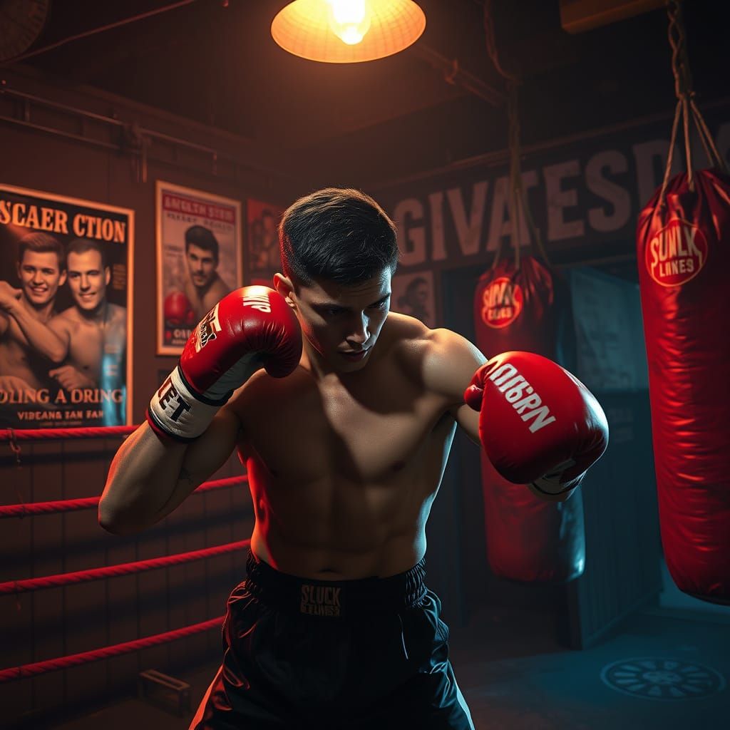 Neon Boxer Training in Gritty Gym: Digital Art