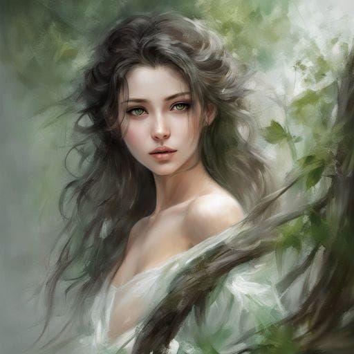 Beautiful Girl with Dark Eyes in White and Green