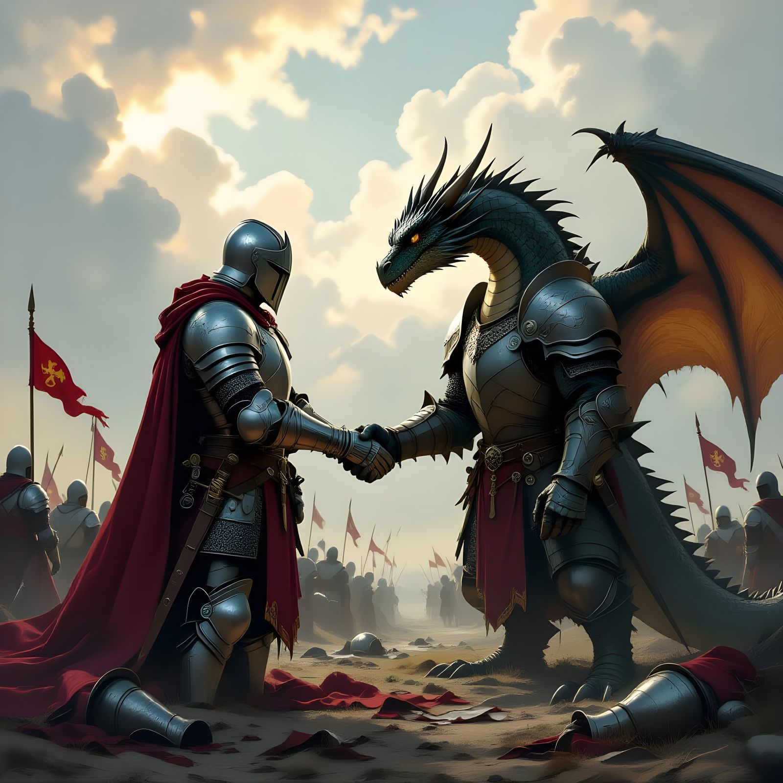 Knight and Dragon Reconcile on Battlefield