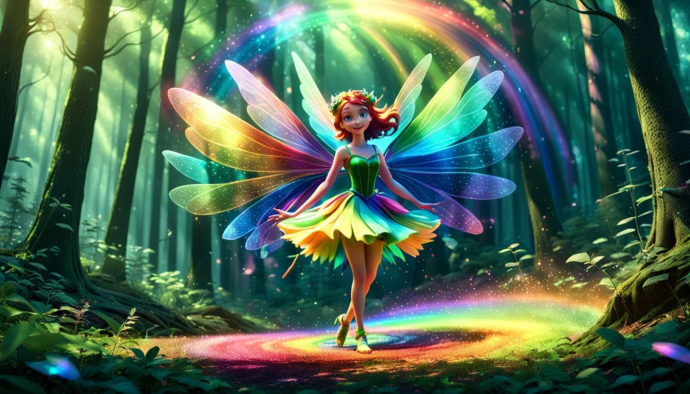 Rainbow Fairy Creates Sparkling Swirl: 3D Digital Art
