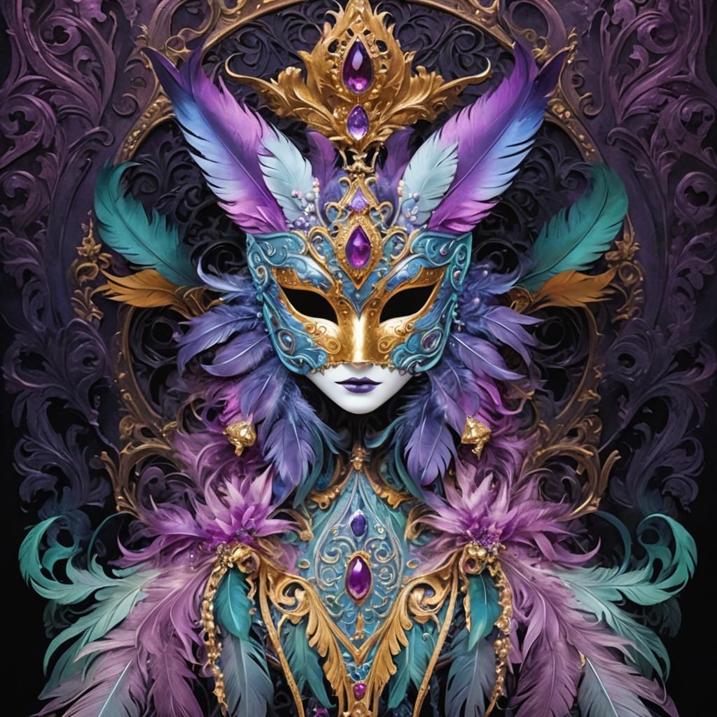 Ornate Masquerade Mask with Purple Feathers in Gothic Style