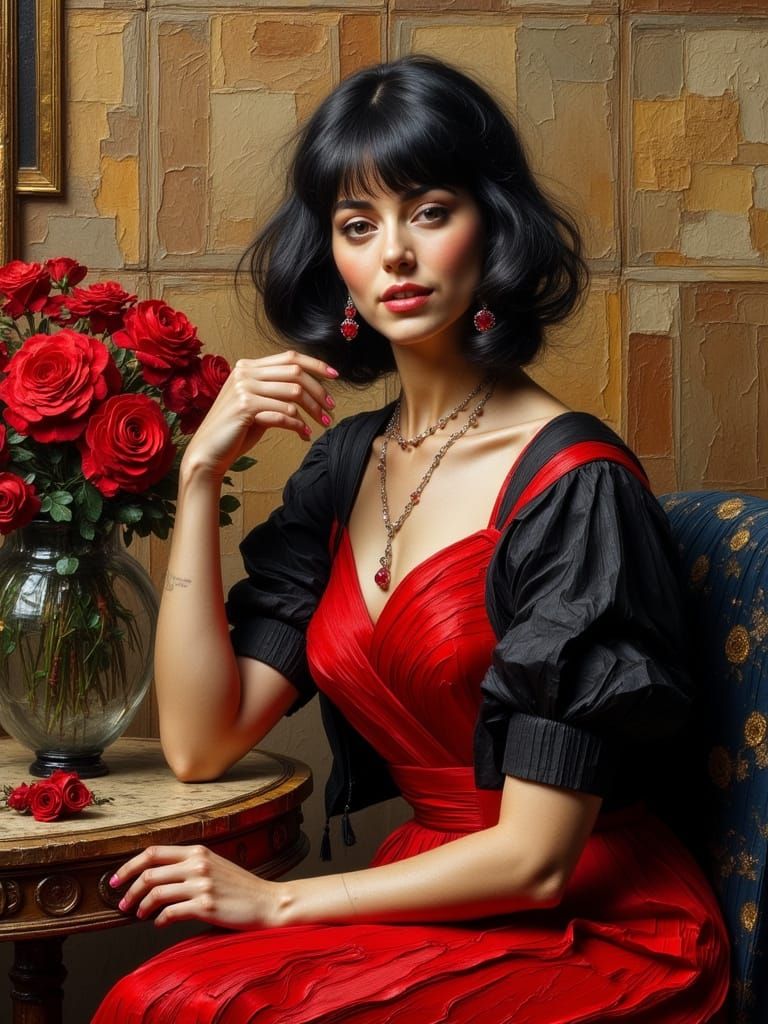 Portrait of Woman with Roses in Impasto Style