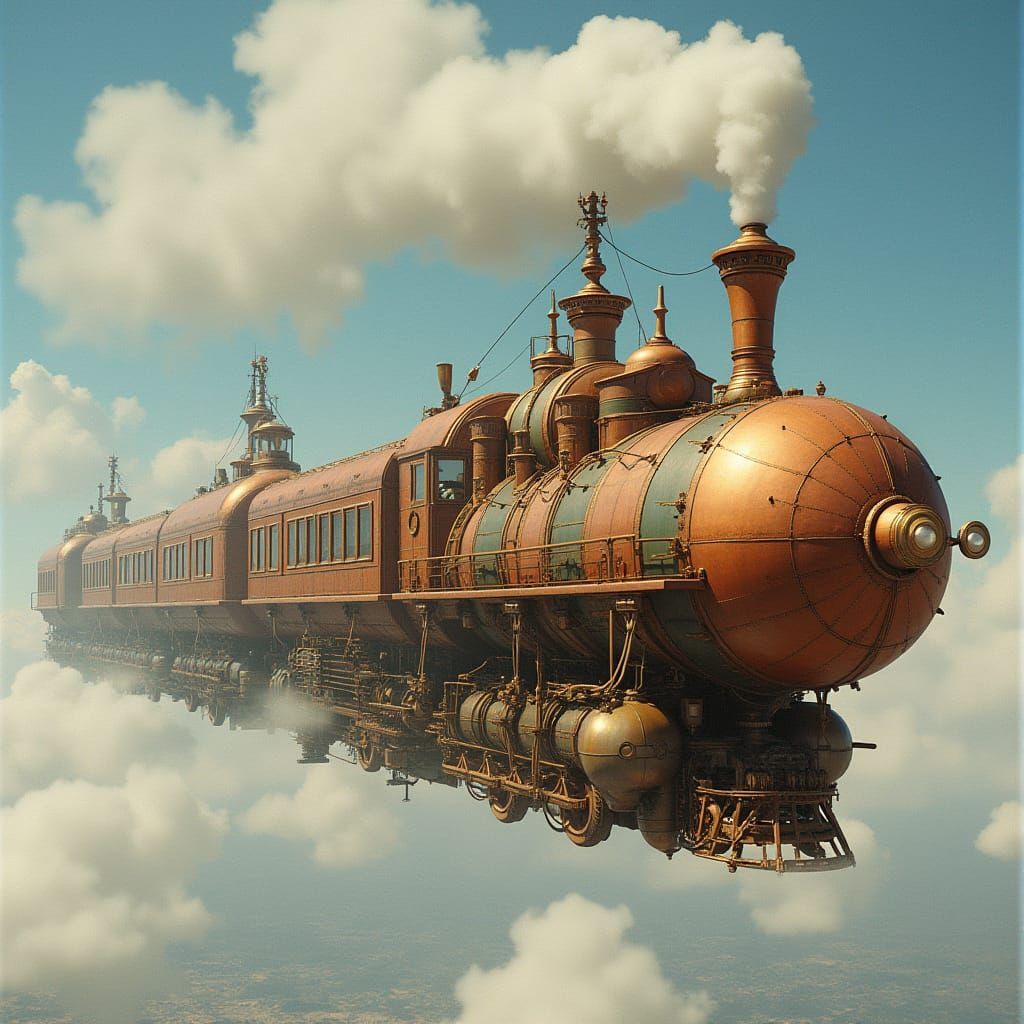Steampunk Air Train in Syd Mead Style