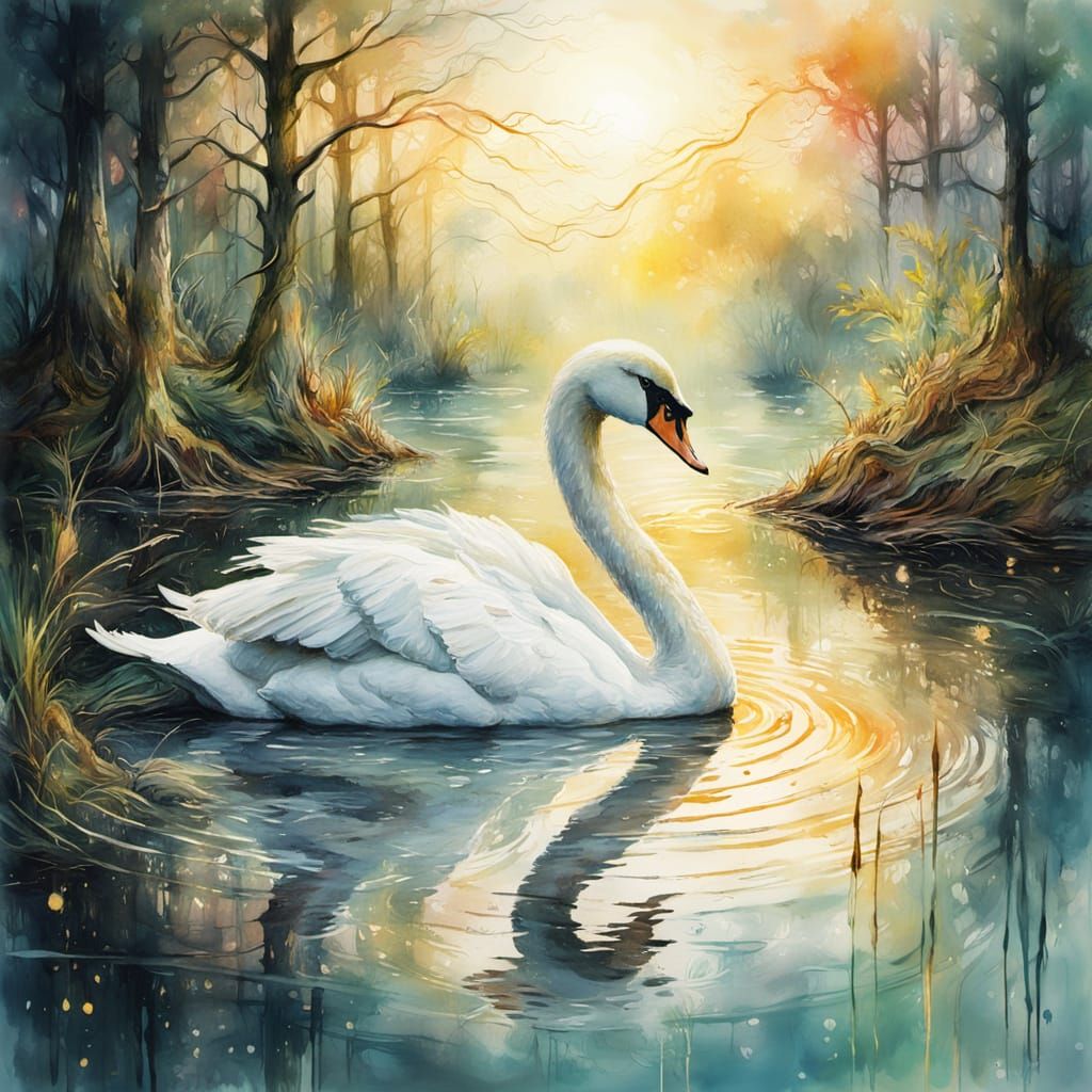 Dreamy Swan on Forest Lake in Watercolor Style