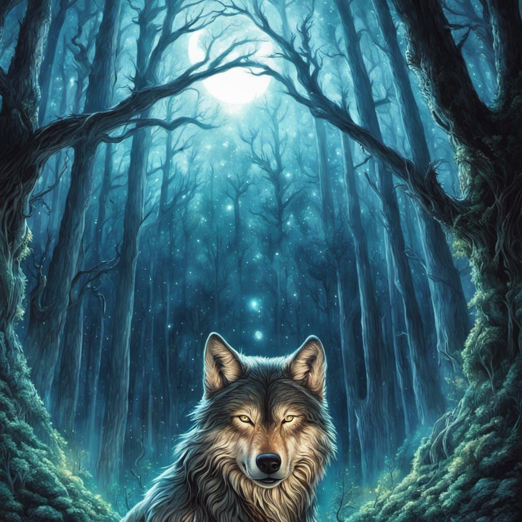 Forest Spirit Wolf Under Starry Sky