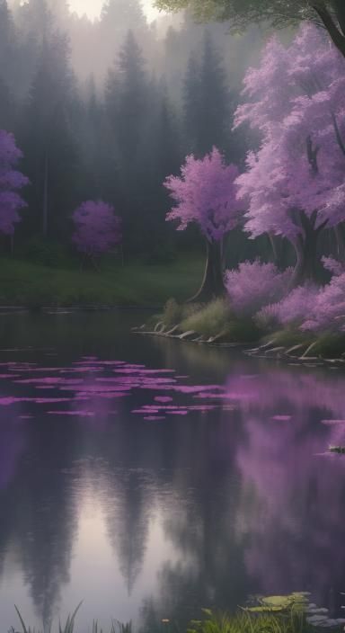 Ethereal lake with beautiful purple trees& realistic vibes& magical vibes& ethereal vibes& hyperdetailed intricately det...