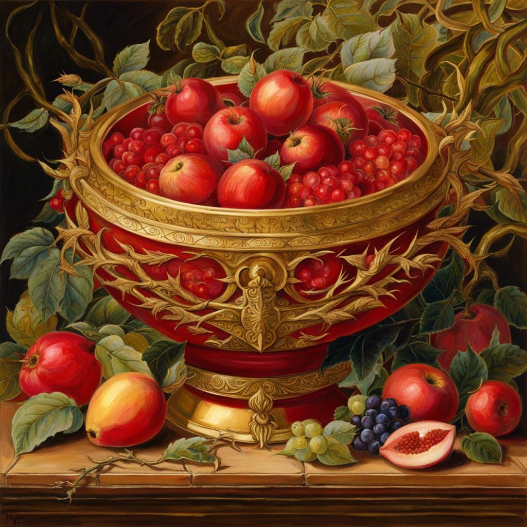 Ornate Golden Bowl Filled with Glorious Fruit Amidst Thorns...