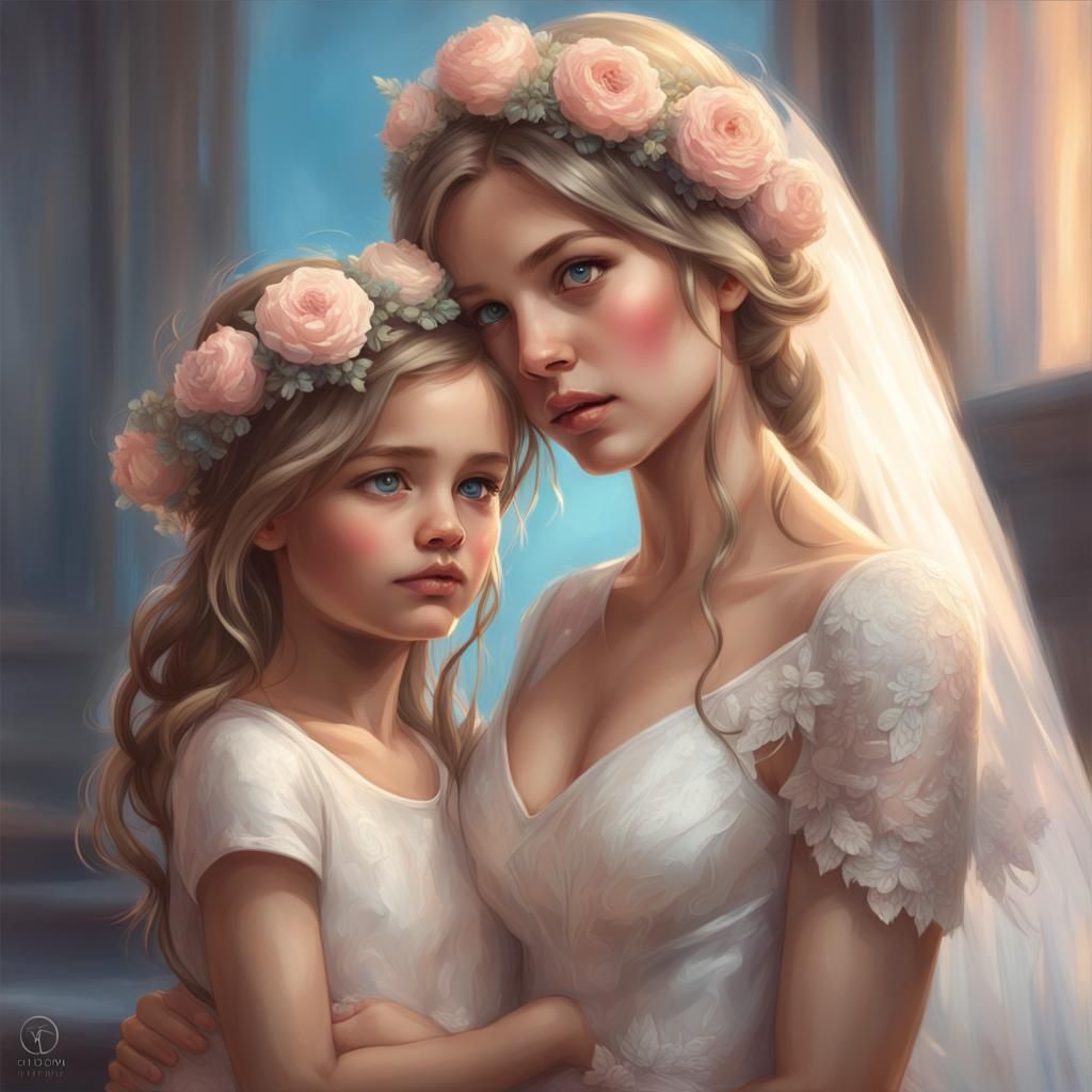 Bride and Flower Girl Portrait in Art Nouveau Style