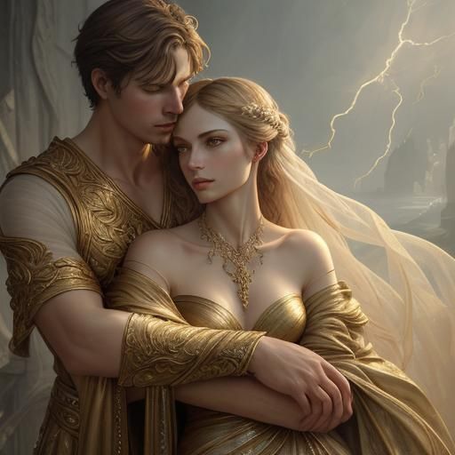 Embracing Marble Statues in Romantic Oil Painting