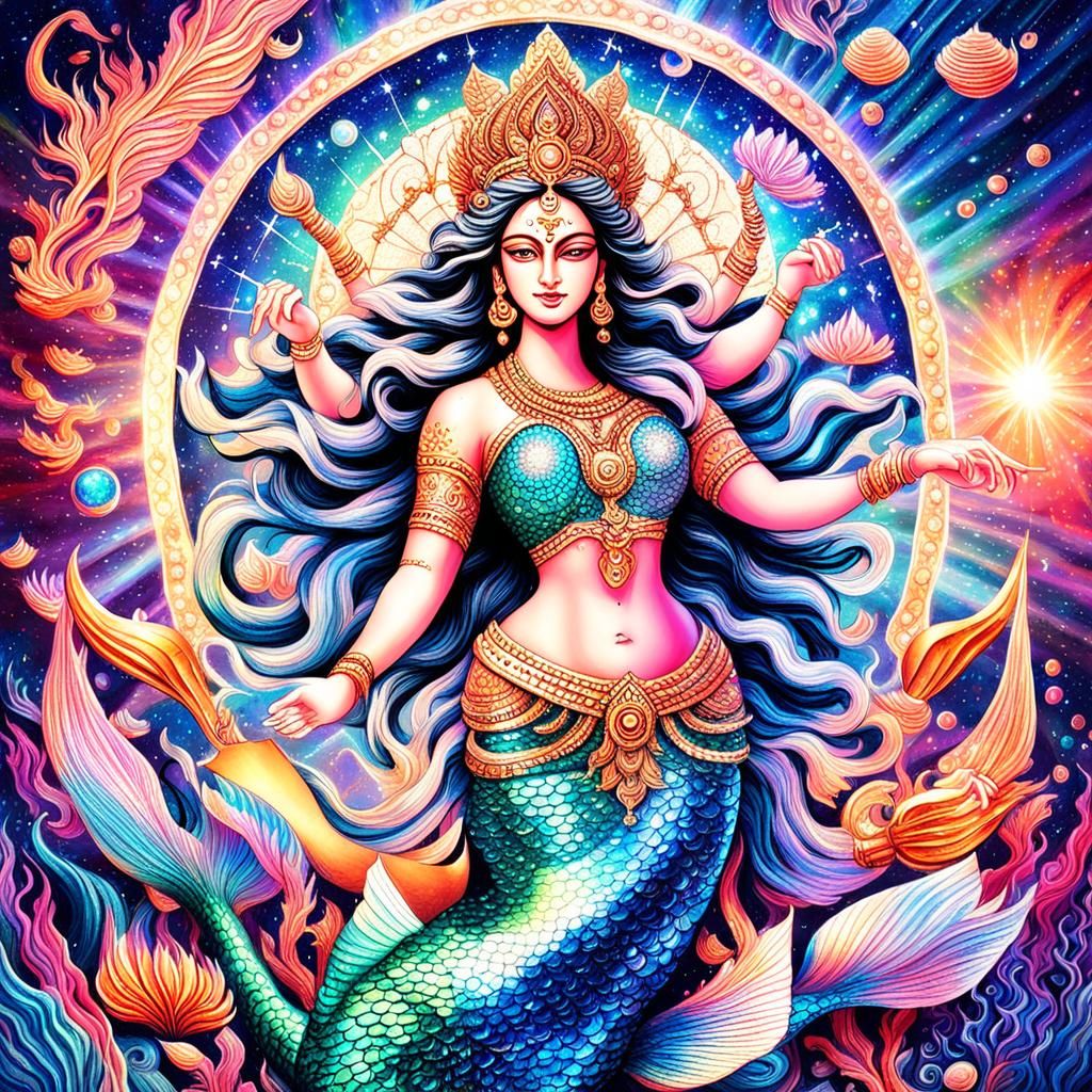 Durga as Mermaid in Astral Cosmic Illustration