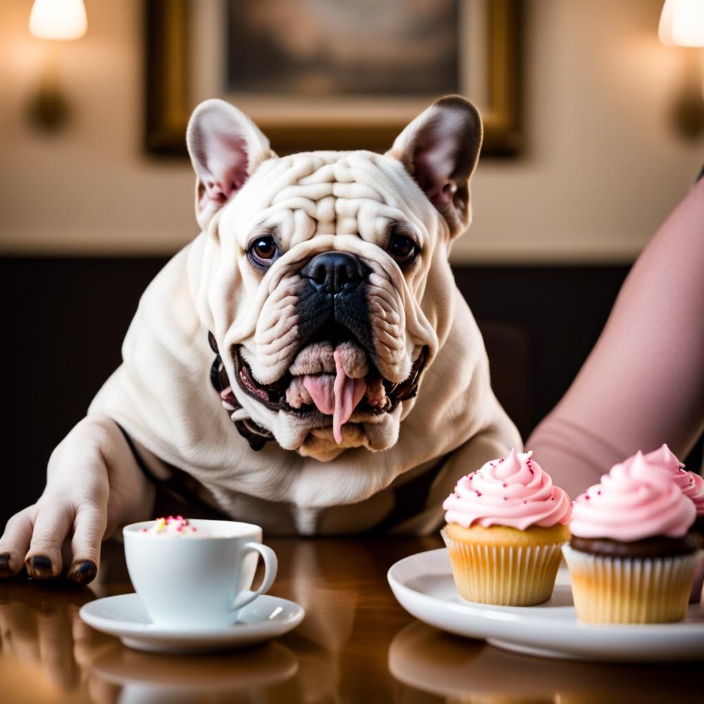 Happy Big Bulldog Eating Cupcakes