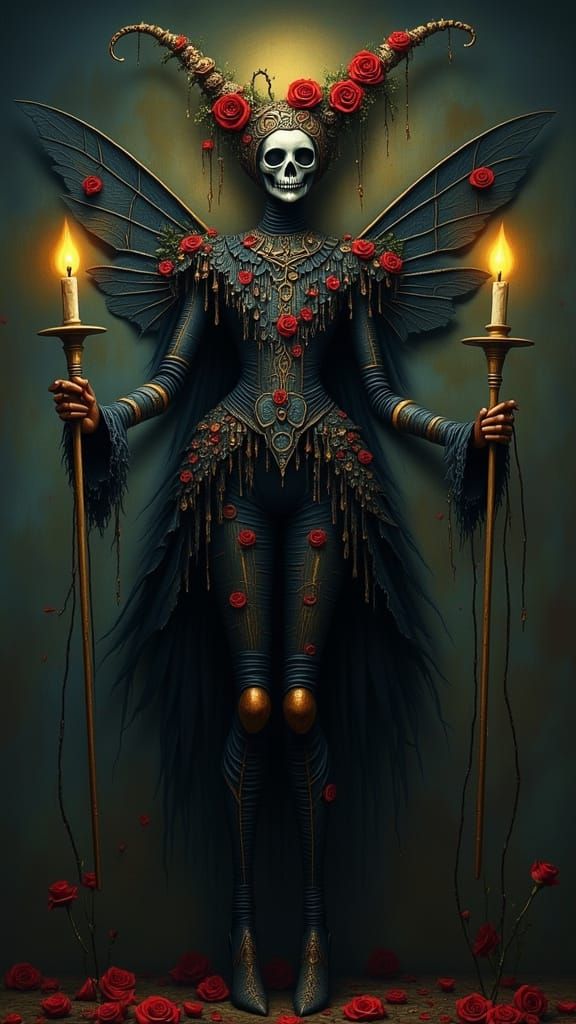 Macabre Harlequin Fairy Marionette in Dark, Mysterious Setti...