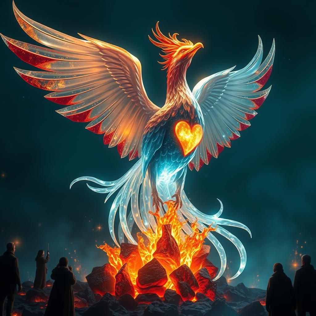 Glass Phoenix Rising from Ashes with Golden Wings