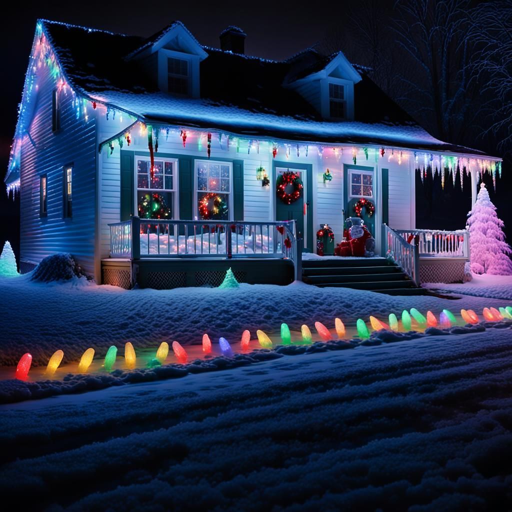 Festive Farmhouse Aglow with Christmas Lights