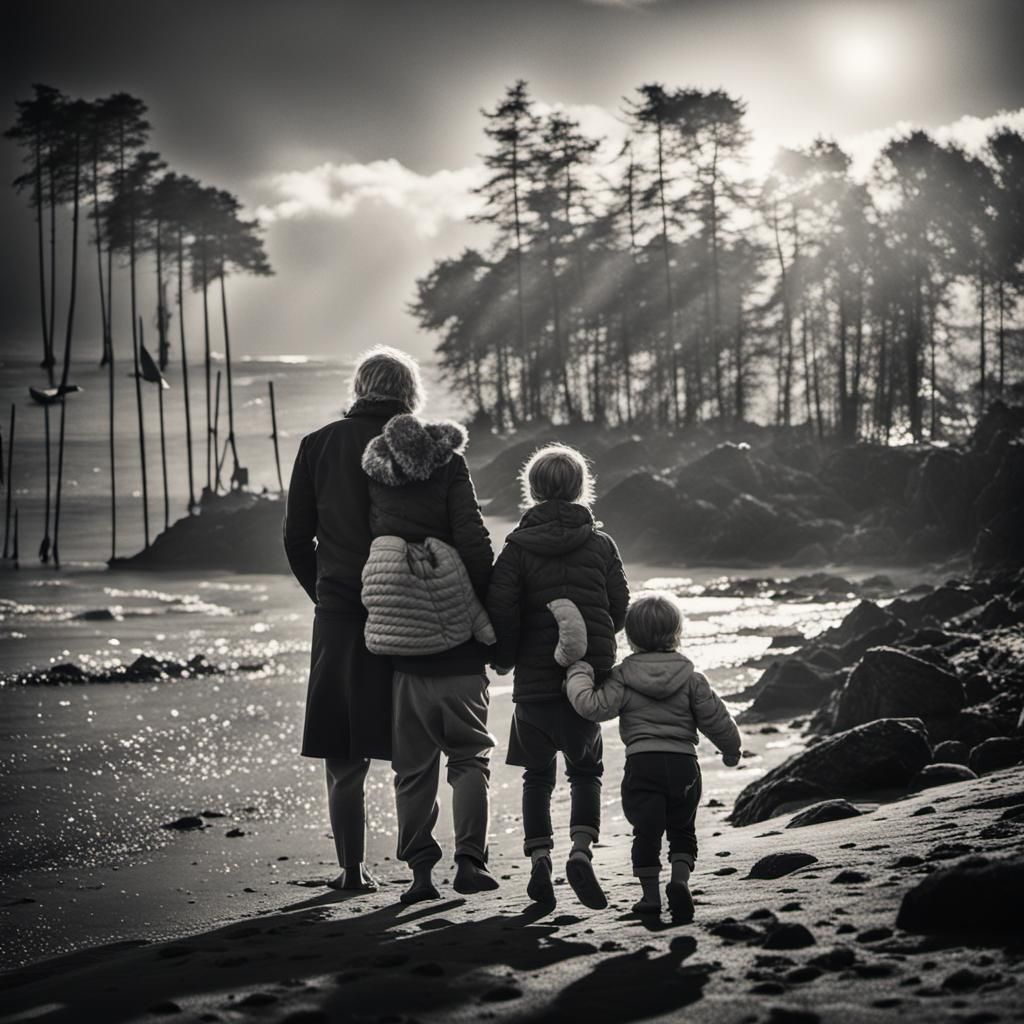Monochrome Family Portrait on a Seashore