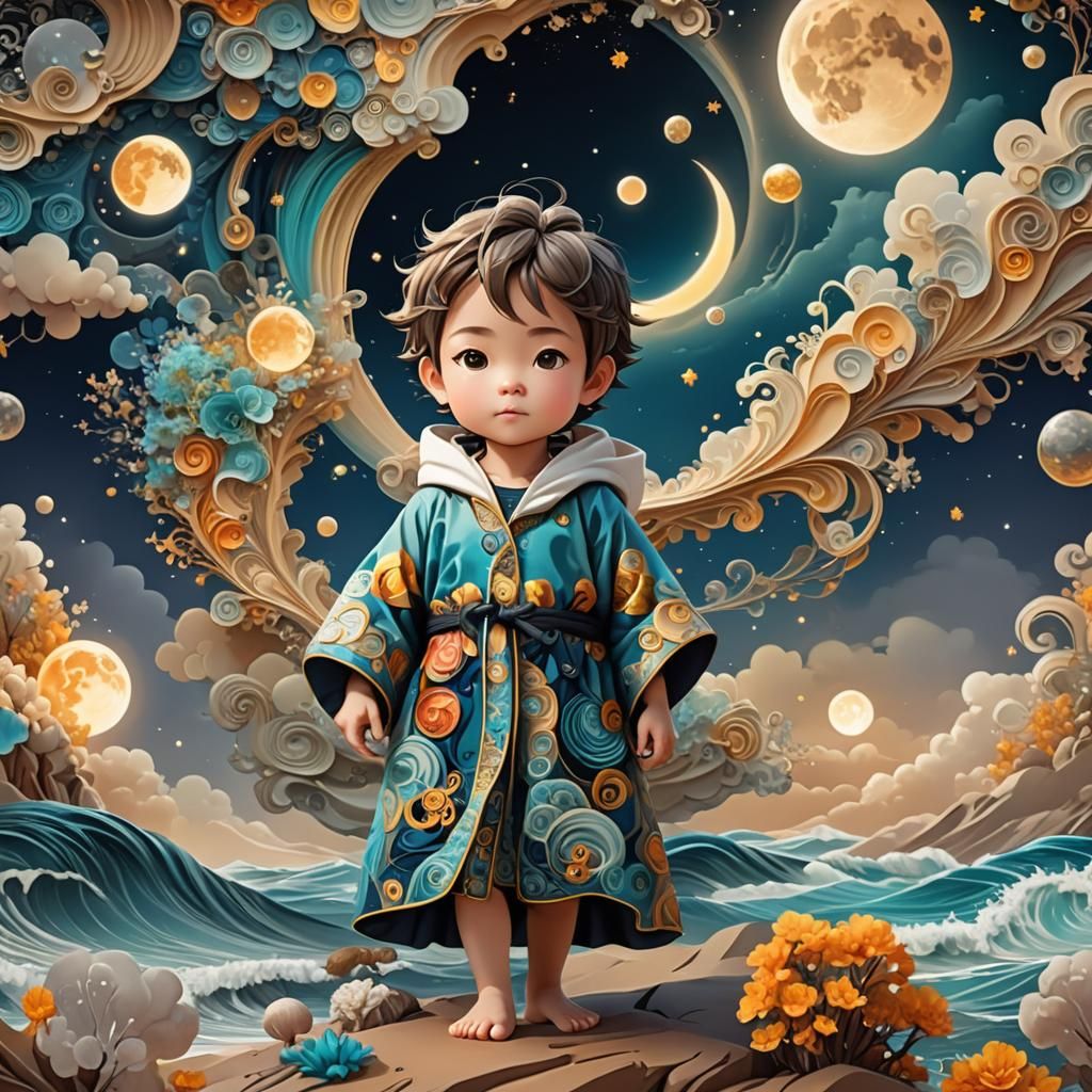 Adorable Chibi Child Under a Full Moon in 3D
