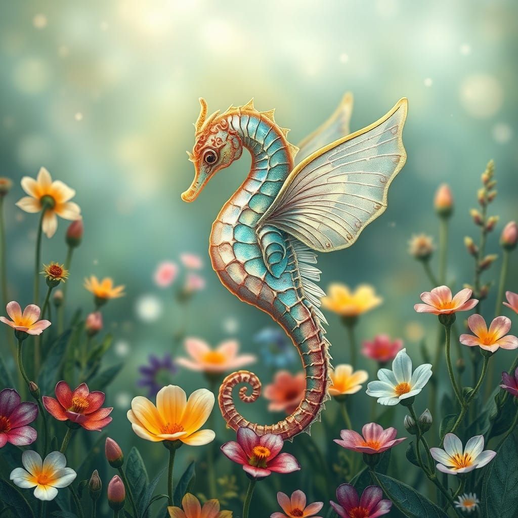 Iridescent Seahorse Soars Amidst Whimsical Floral Wonderland