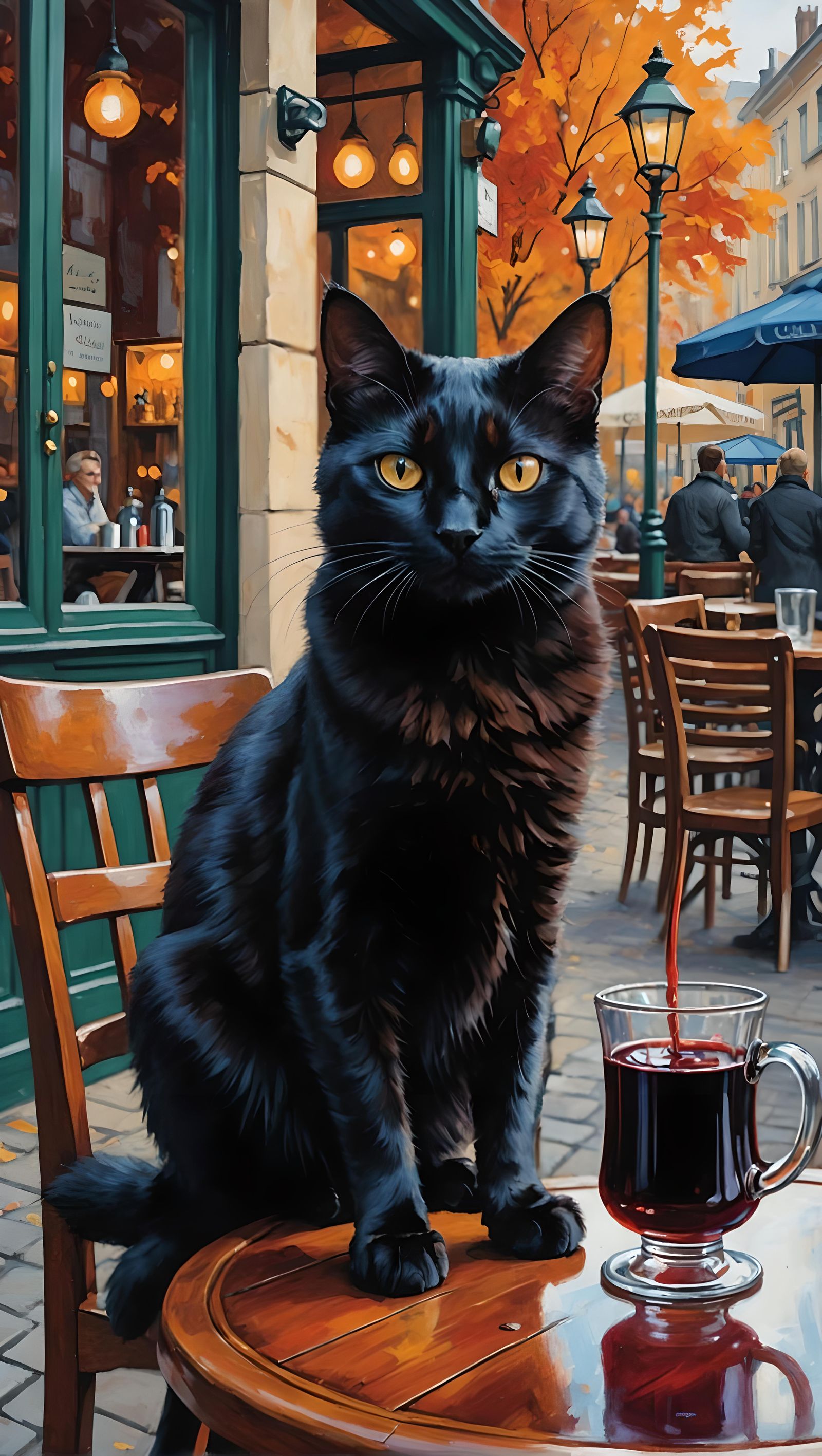 Black Cat at Cafe in Autumn, Oil Painting