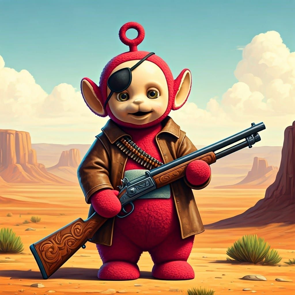 Rugged Teletubby Renegade in a Vibrant, Dreamlike Landscape
