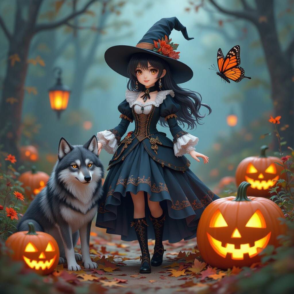 Whimsical Halloween Scene with Witch, Wolf and Butterfly