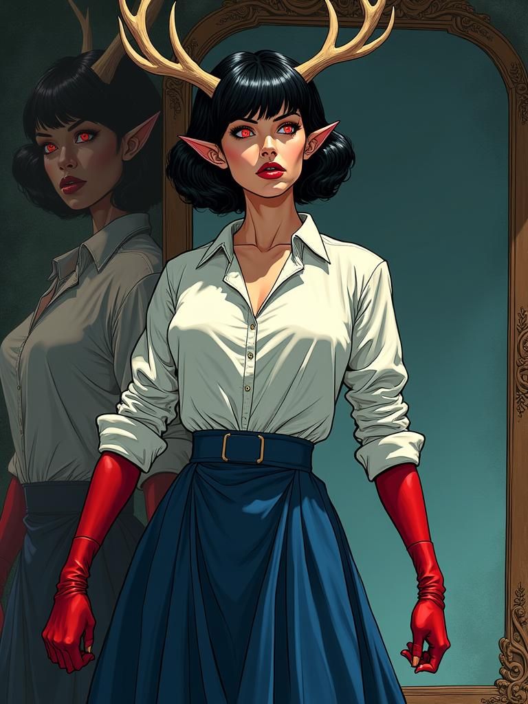 Stag-Antlered Woman in Pen and Ink Comic Style