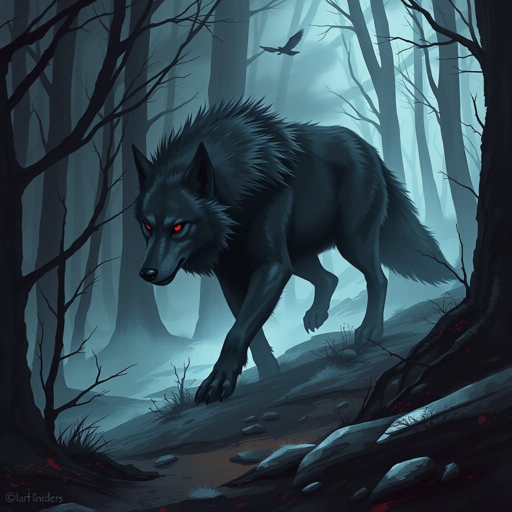 Ethereal Dark Fantasy Wolf Emerges from Shadows