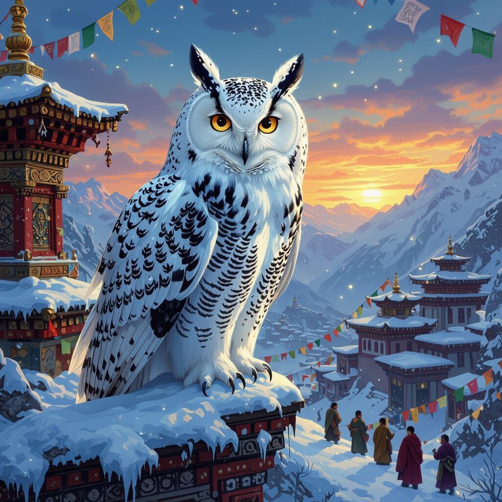 Snow Owl with Tribal Markings in Art Nouveau Style