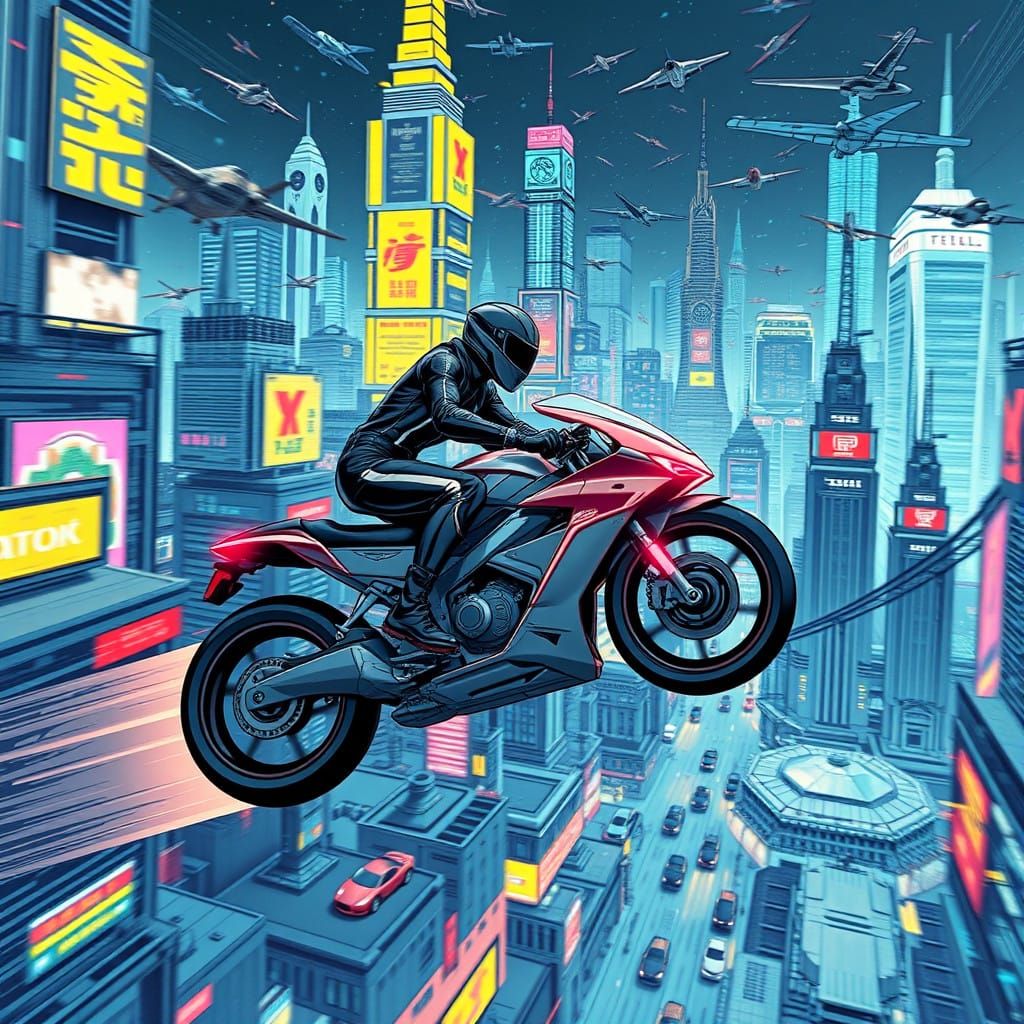 A Futuristic Rider Soars Through a Neon-Lit Metropolis in Cy...