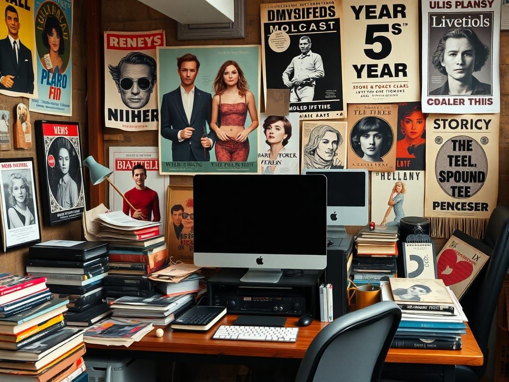 Industrial Bohemian Workspace with Vintage Posters and Compu...