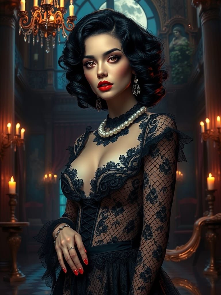 Gothic Anime Woman in Victorian Mansion