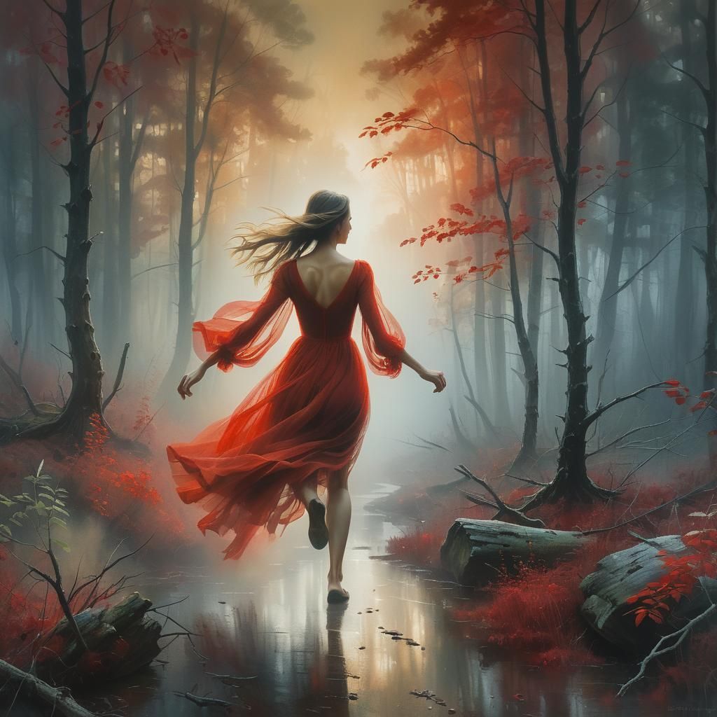Ethereal acrylic painting. Medium shot. Girl in red dress fleeing through eerie forest in early foggy morning. Soft focu...