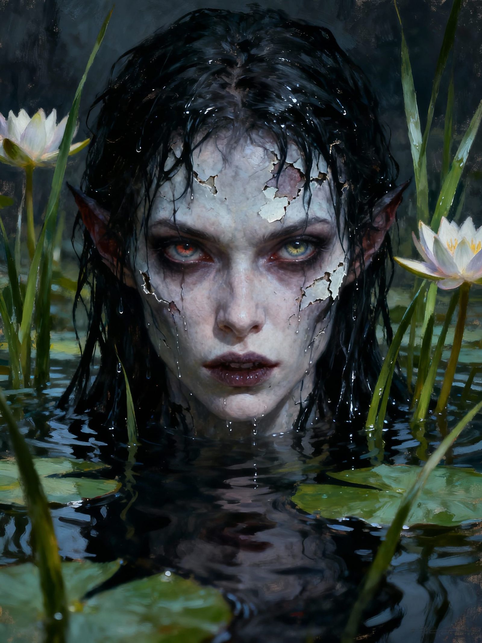 Creepy Demon Woman Emerges From Water in Oil Painting Style