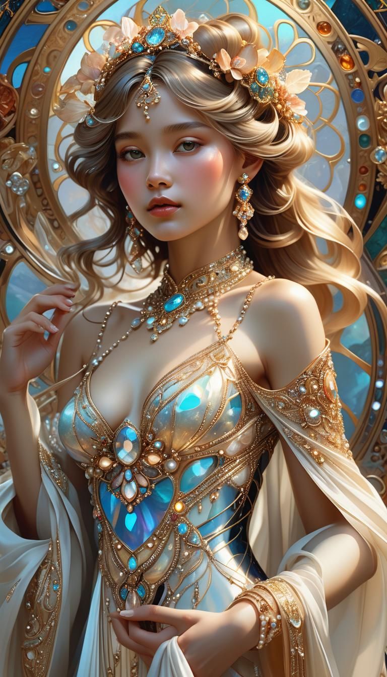 Ethereal Woman in Gemstone Gown: Hyper-realistic Digital Art
