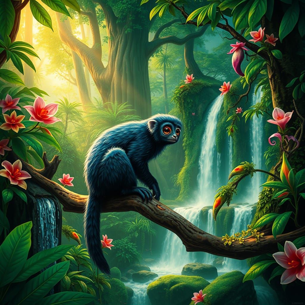 Emerald Rainforest Indri in Whimsical Surreal Landscape