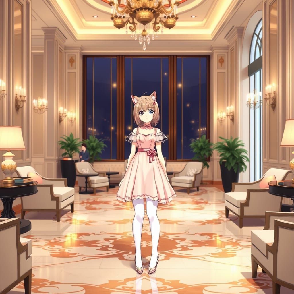 Luxurious Anime Neko Girl in Hotel Lobby