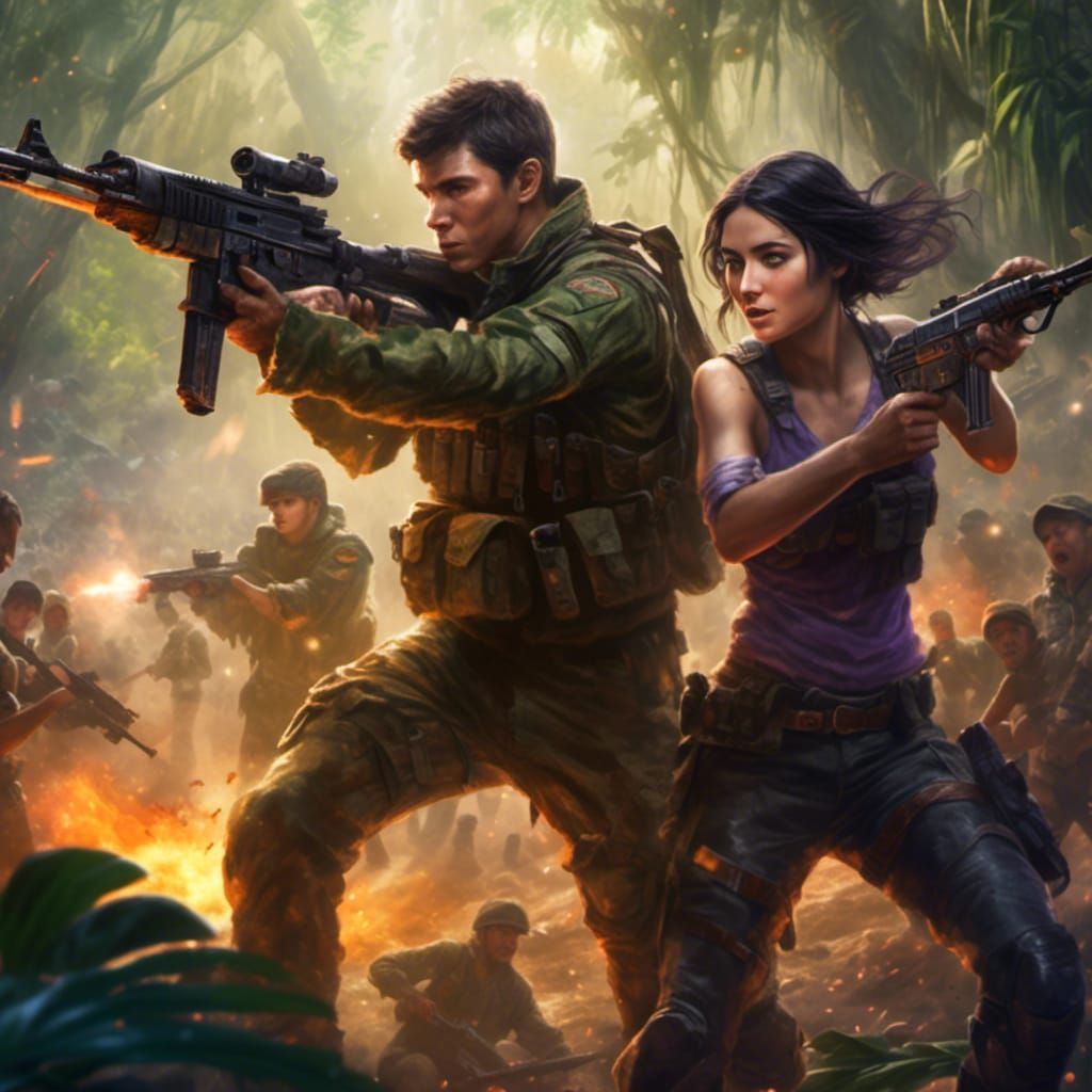 Soldier Protecting Woman in Jungle Battle