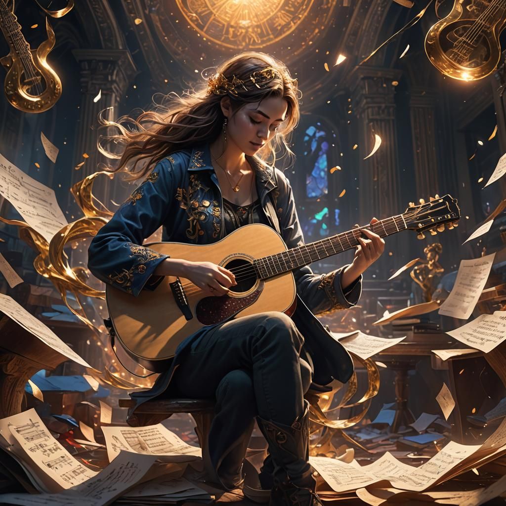 Woman Playing Guitar in a Fantasy Art Style