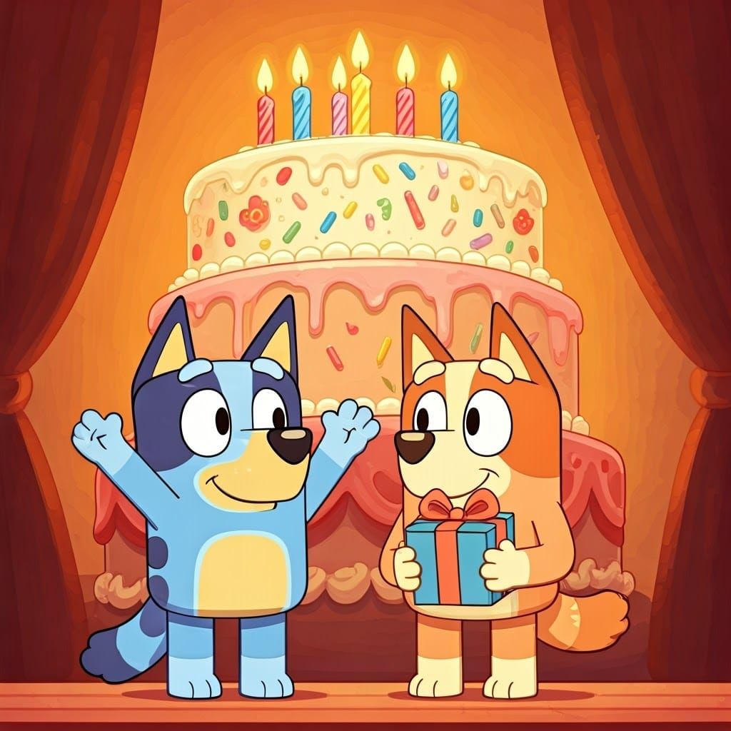 Bluey and Bingo Celebrate Birthday as Digital Illustration