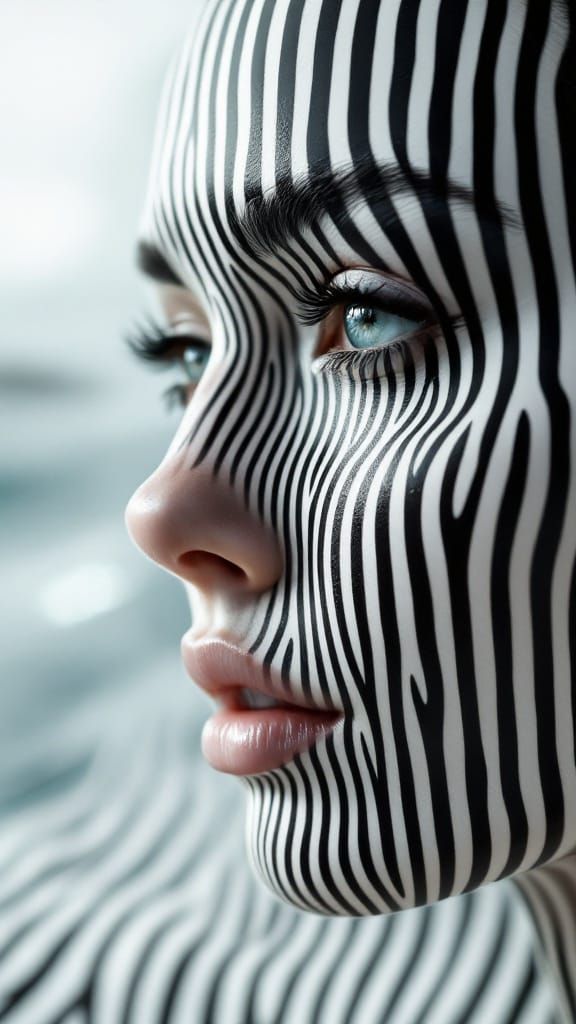 Woman Dissolves into Infinite Black and White Stripes