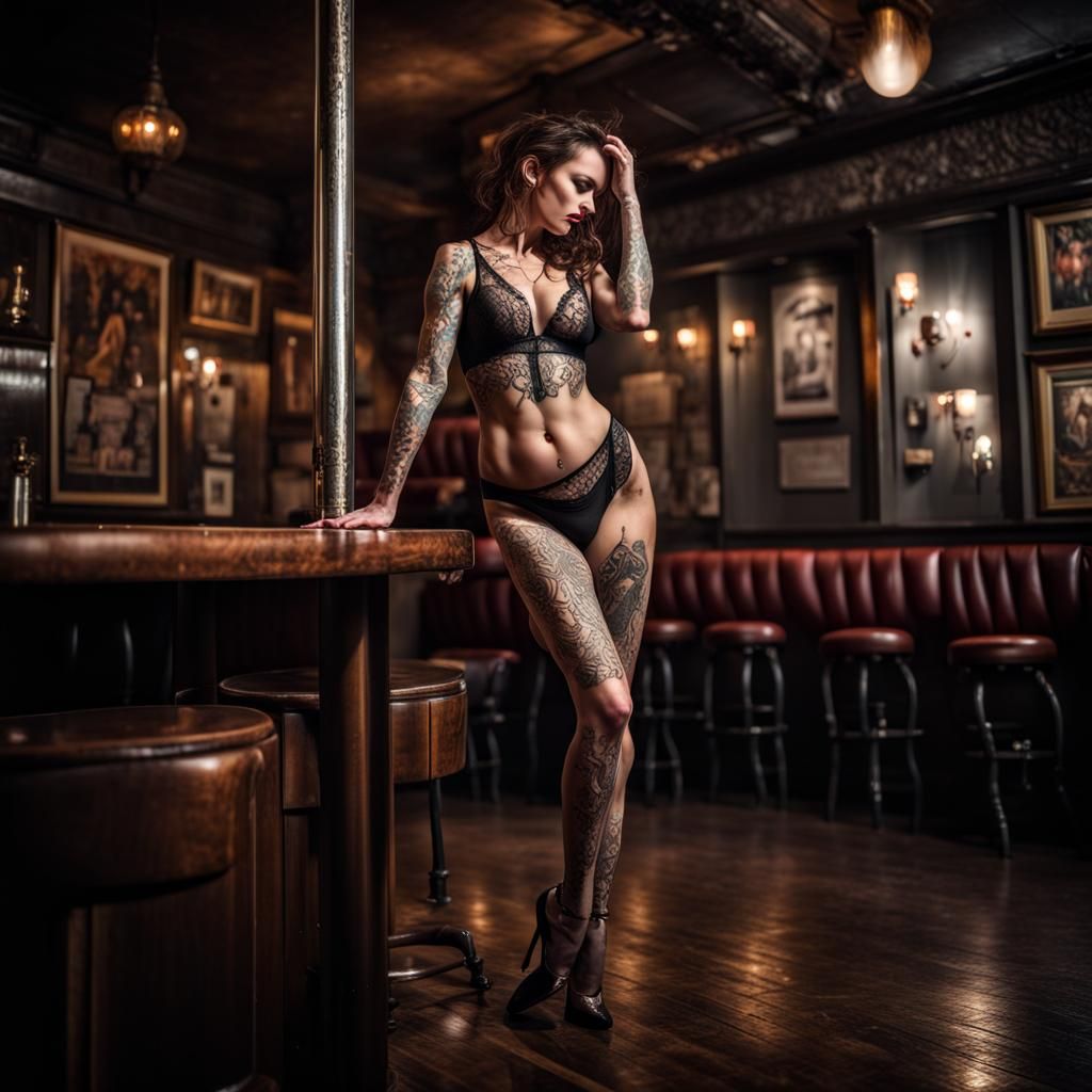 Grungy Bar Pole Dancer in Hyperrealistic Style