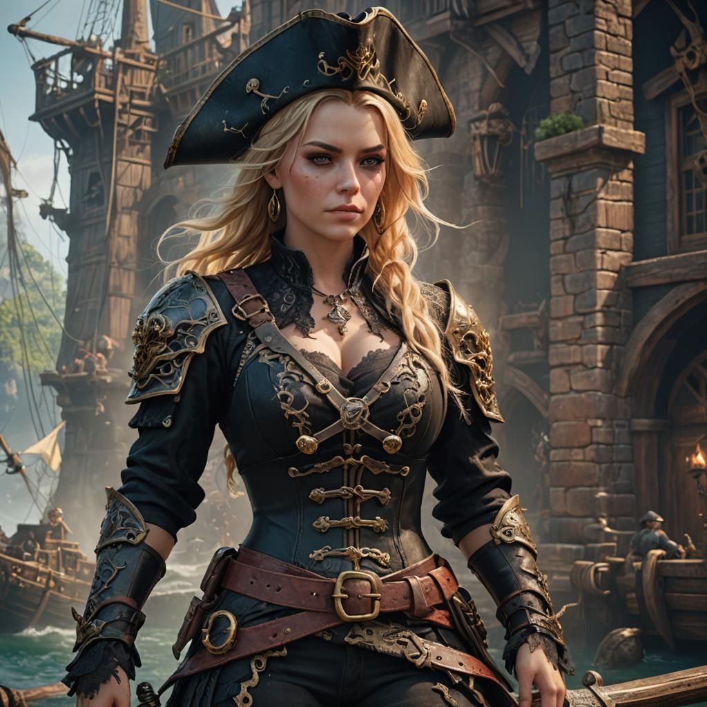 Blonde Pirate in Black Lace Armor