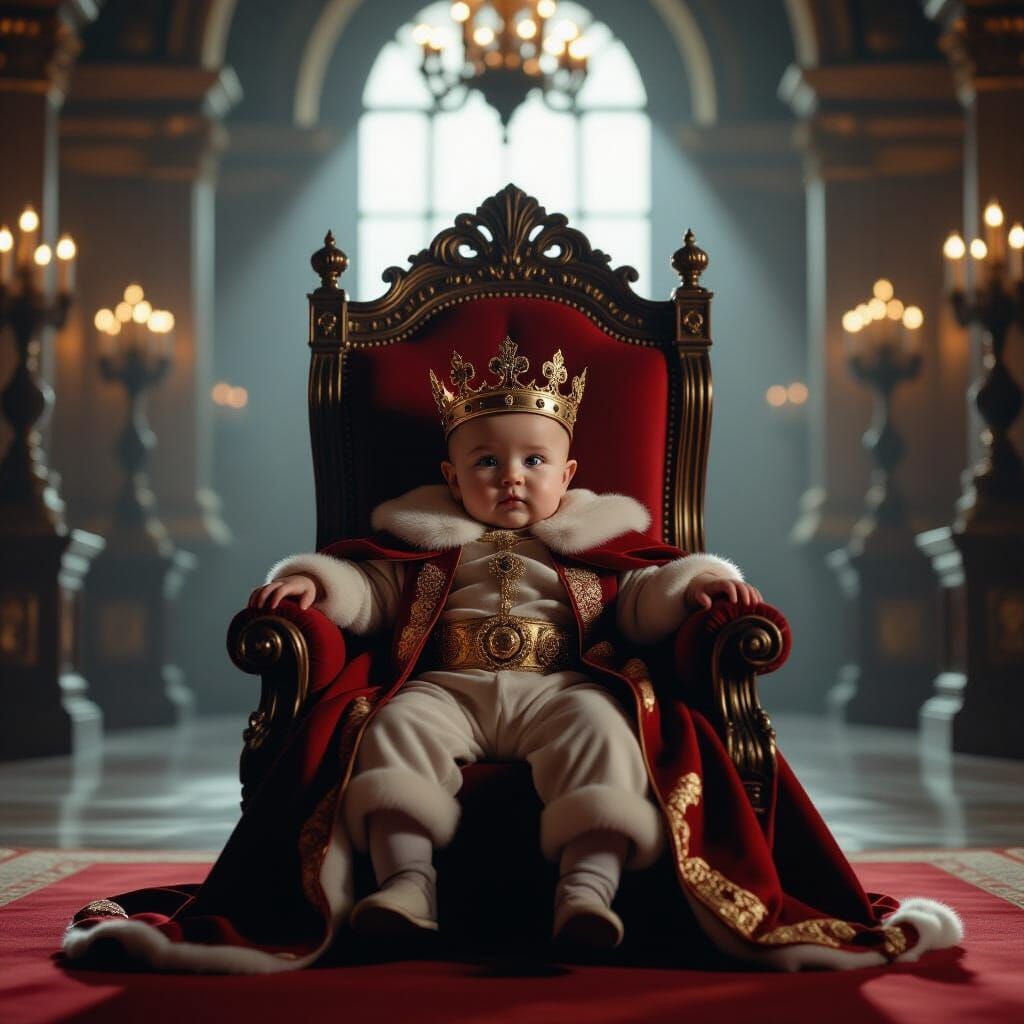 Baby King on Throne in Royal Palace Cinematic Film Still