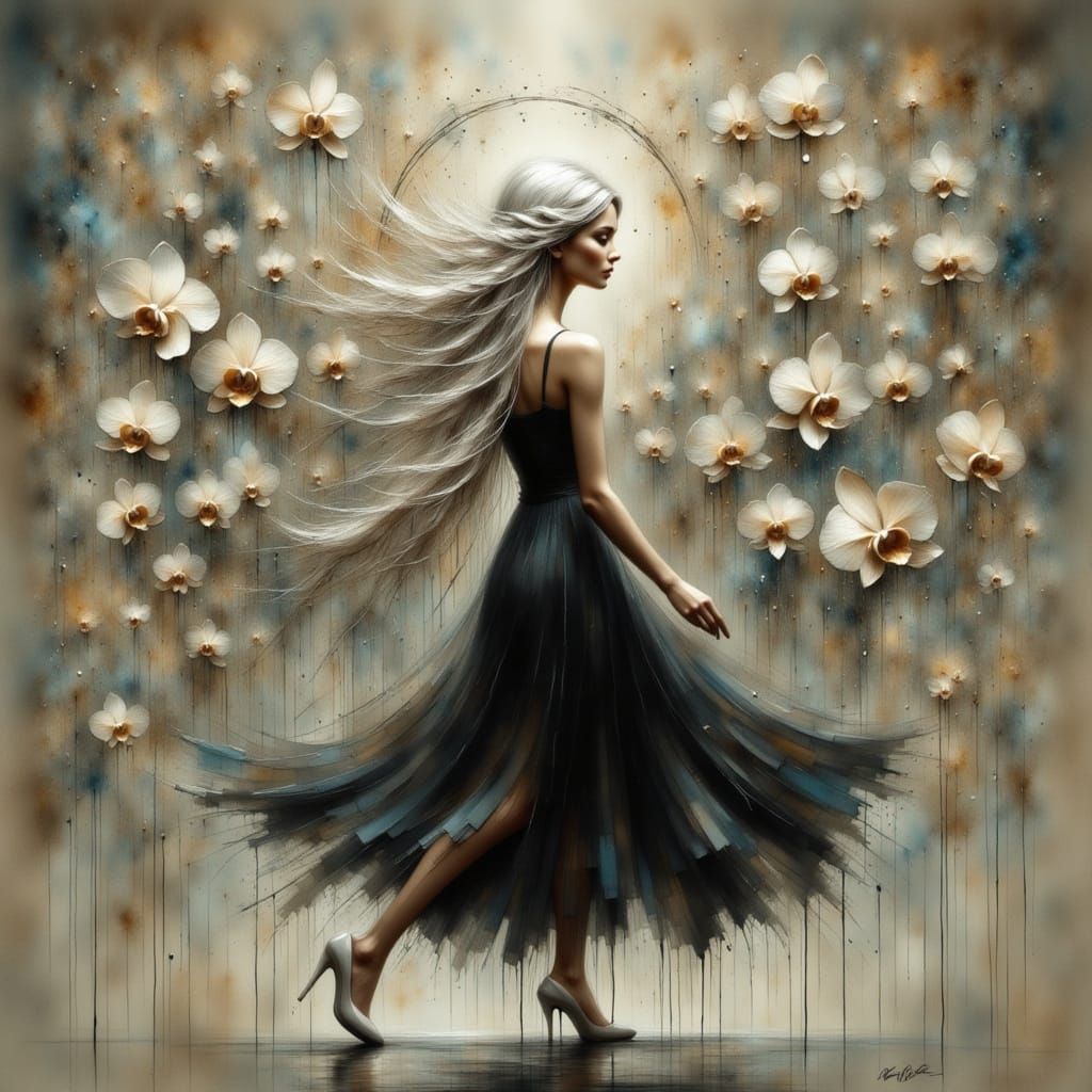 Woman with Braided Hair and Orchids in Art Nouveau Style