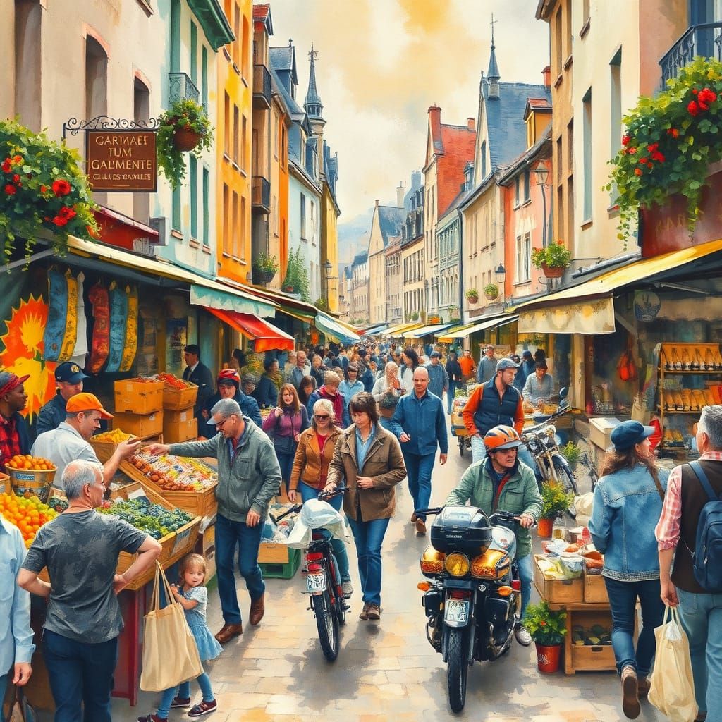 Bustling Market Scene in Troyes, Dadaism Style