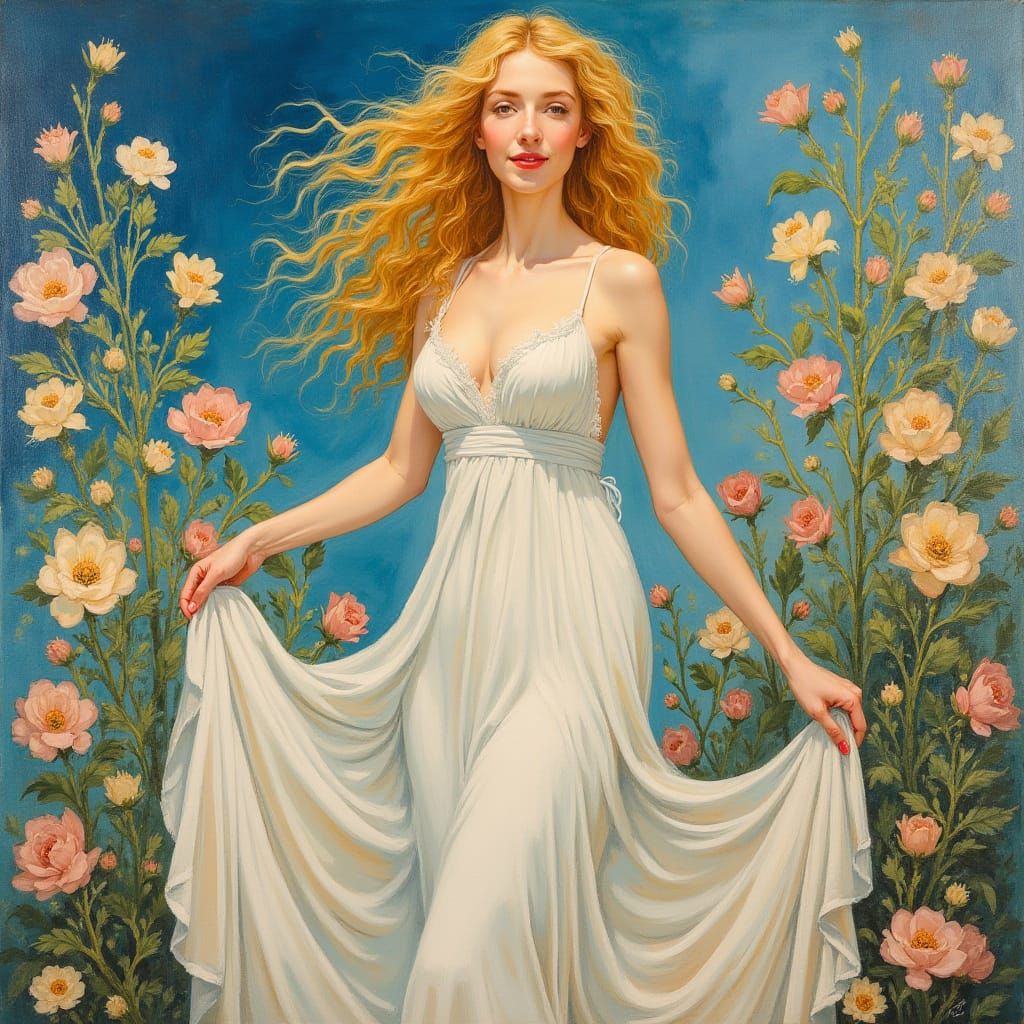 Aphrodite in Victorian Bloom, in Watercolor and Crayon Style