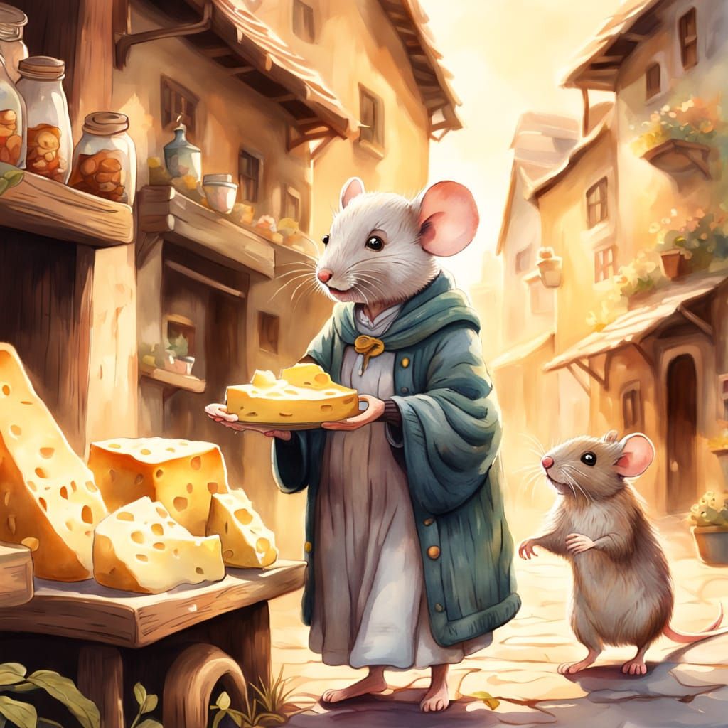 Watercolor Mouse and Woman Sharing Cheese