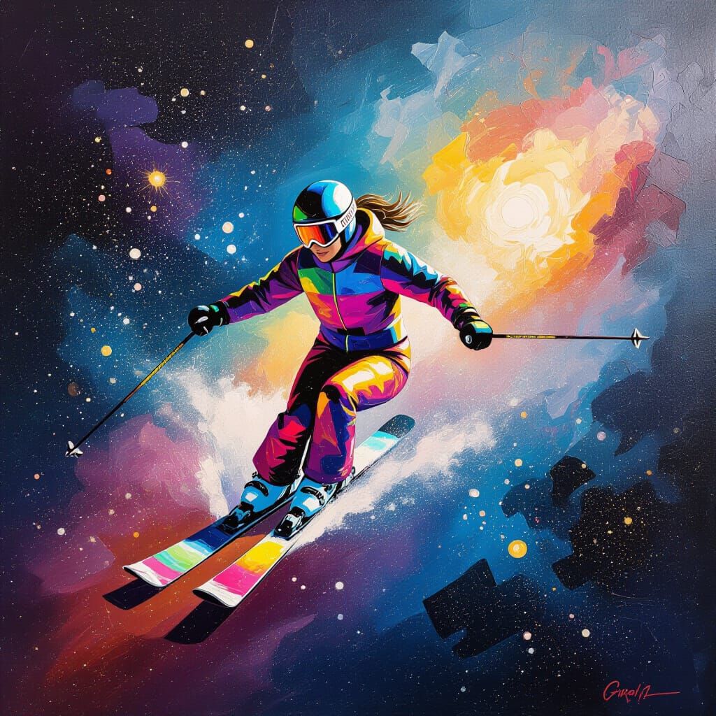 Skier Floating in Nebula as Abstract Expressionism