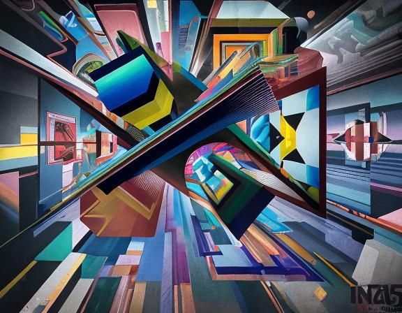 Geometric Cubist Painting in Art Deco Style
